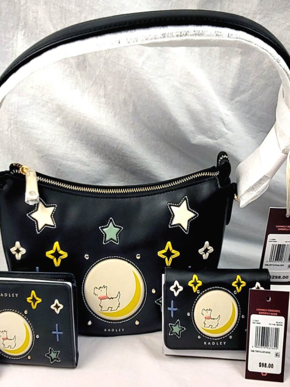 2 pc.NWT RADLEY LONDON CELESTIAL MOON APPLIQUE LEATHER SHOULDER BAG PURSE-WALLET